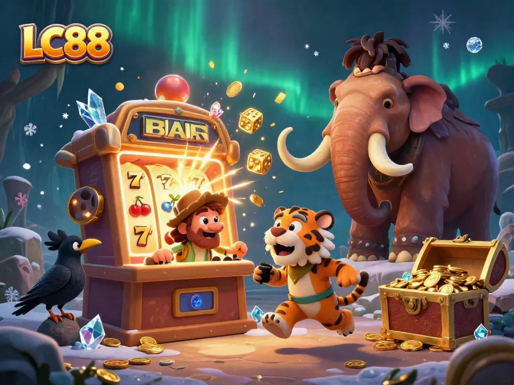LC88 showcases a vibrant 3D casino scene featuring cavemen and a sabertooth, surrounded by jackpots and treasure.