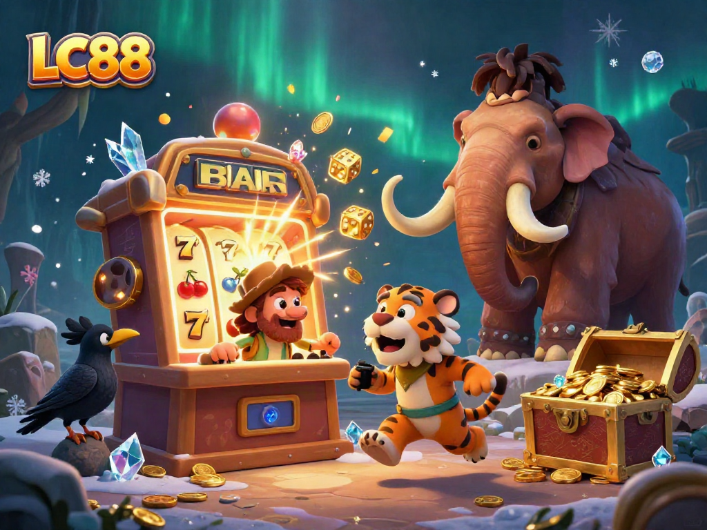 LC88 showcases a vibrant 3D casino scene featuring cavemen and a sabertooth, surrounded by jackpots and treasure.