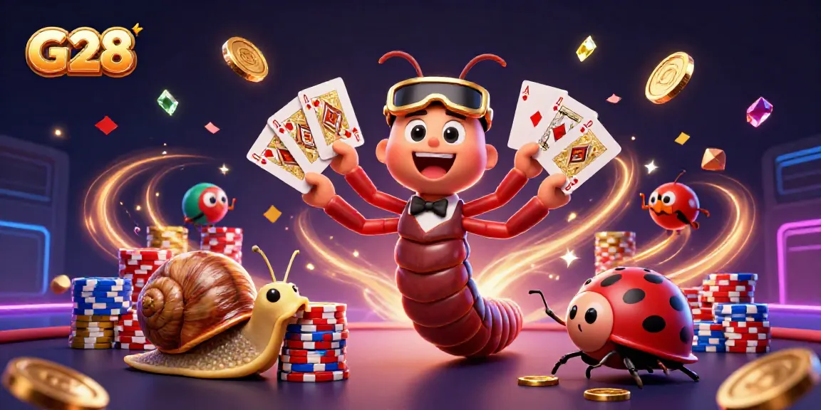 Engage with G28 as a millipede dealer distributes cards amidst colorful casino elements.