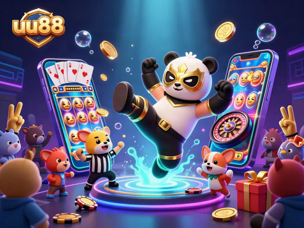 uu88 showcases a vibrant 3D scene of a wrestler panda kicking, with slot games and golden coins erupting around