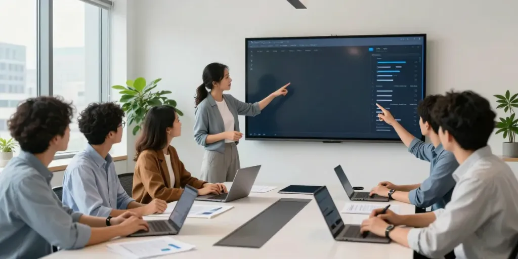 Hire freelancers in a collaborative digital workspace with diverse professionals engaged in a project meeting.