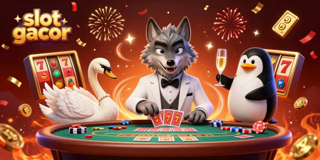 Experience slot gacor excitement with characters at a glamorous casino scene filled with vibrant visuals.