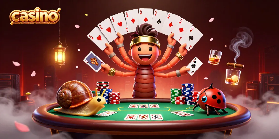 Casino scene with a millipede dealer, high-roller snail, and excited pill bug amid poker elements.