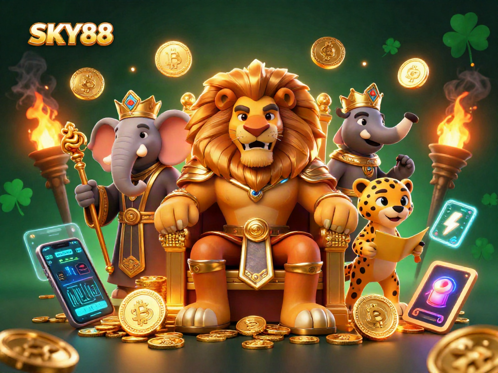 Engage in thrilling gameplay at SKY88, featuring a lion king and casino elements in a vibrant 3D illustration.