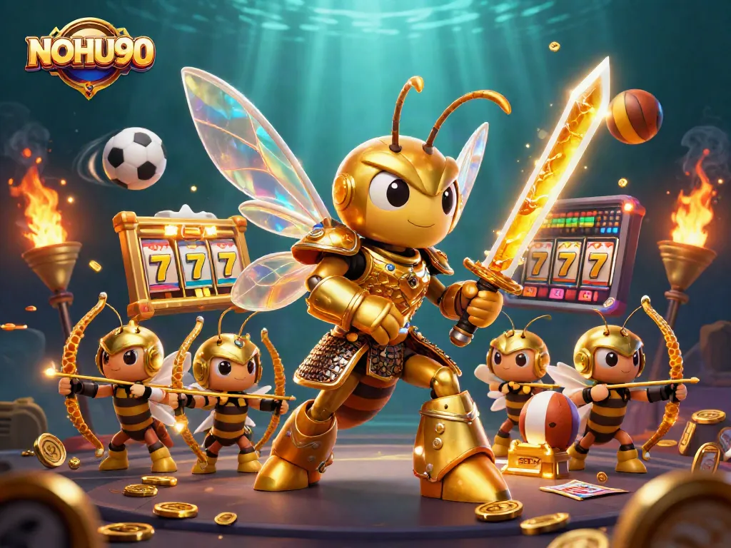 Engage with explosive wins at NOHU90, featuring golden hornets and dynamic gaming elements in a vibrant casino scene.