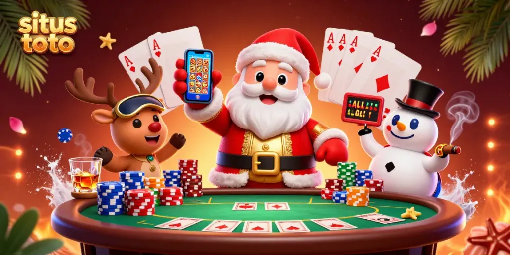 Experience colorful excitement at situs toto with a festive casino-themed scene featuring Santa and playful characters.