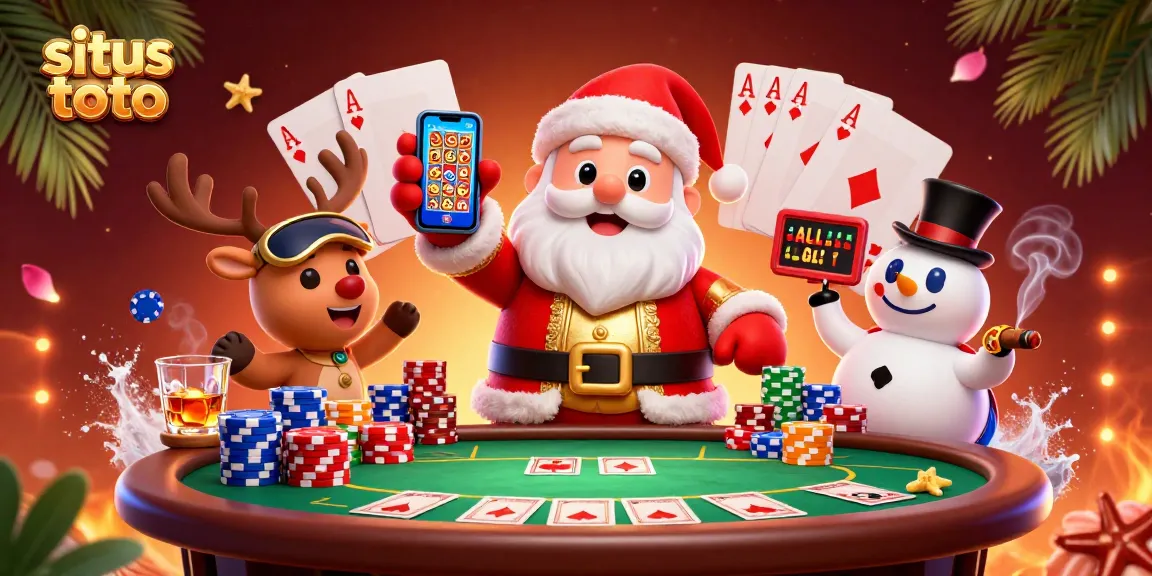 Experience colorful excitement at situs toto with a festive casino-themed scene featuring Santa and playful characters.