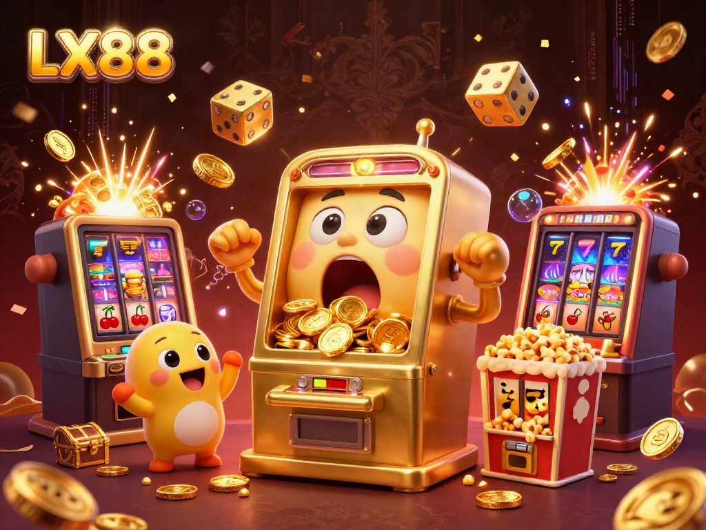 Play LX88 slots and experience the thrill of winning as coins burst forth in a vibrant casino scene.