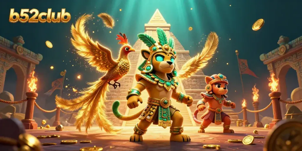 Engage with b52club’s vibrant 3D casino scene featuring Mayan symbols, rich interactive game elements, and electrifying colors.