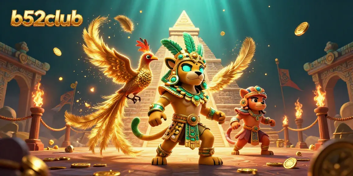Engage with b52club’s vibrant 3D casino scene featuring Mayan symbols, rich interactive game elements, and electrifying colors.