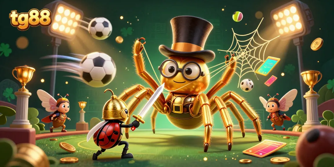 Experience tg88’s thrilling casino adventure with a giant golden tarantula and knight in a vibrant setting.