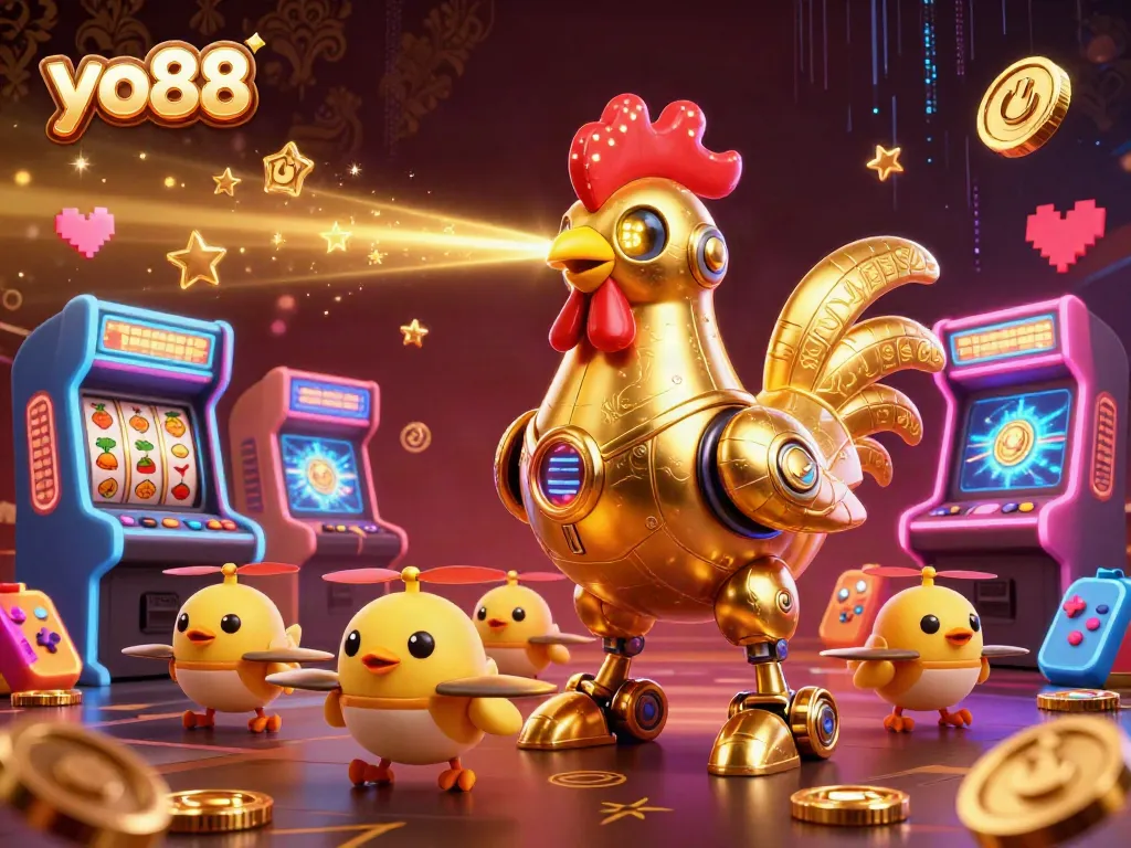 Experience exciting gameplay with yo88 as a golden rooster robot leads baby chick drones in a vibrant casino illustration.