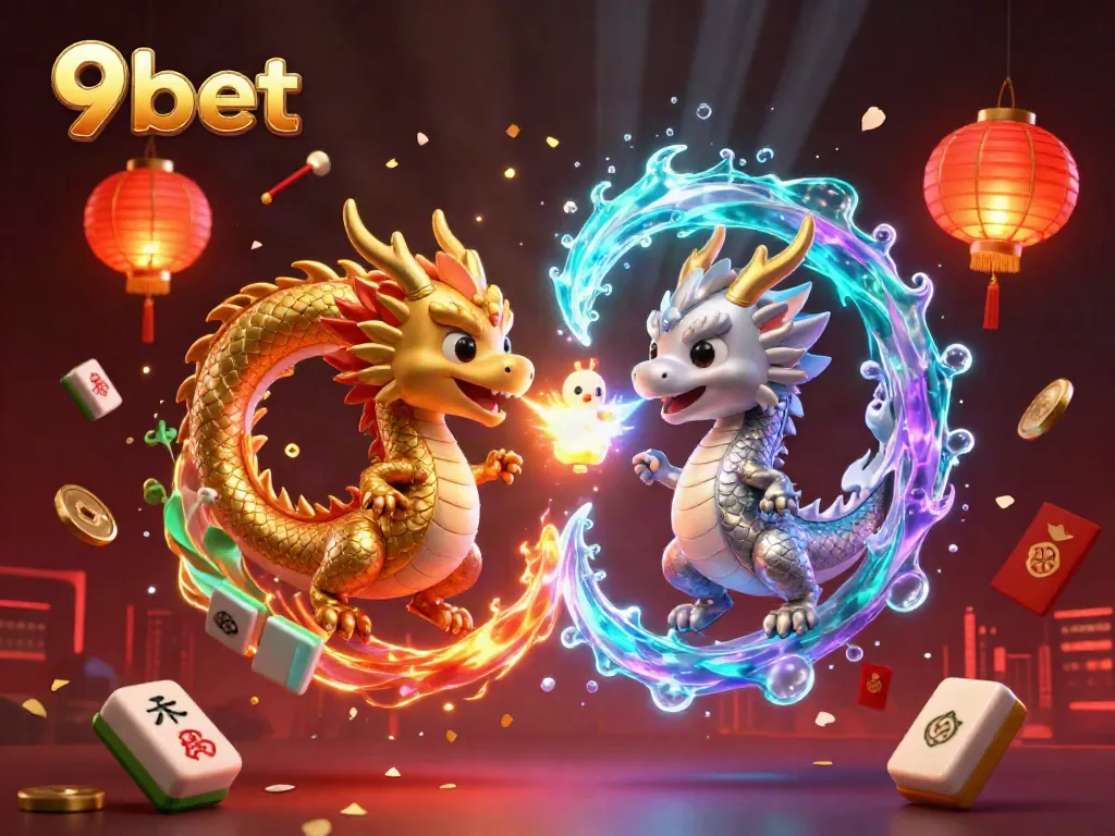 Engage in thrilling gameplay with 9bet featuring twin dragons representing luck and fortune amidst dynamic casino elements.