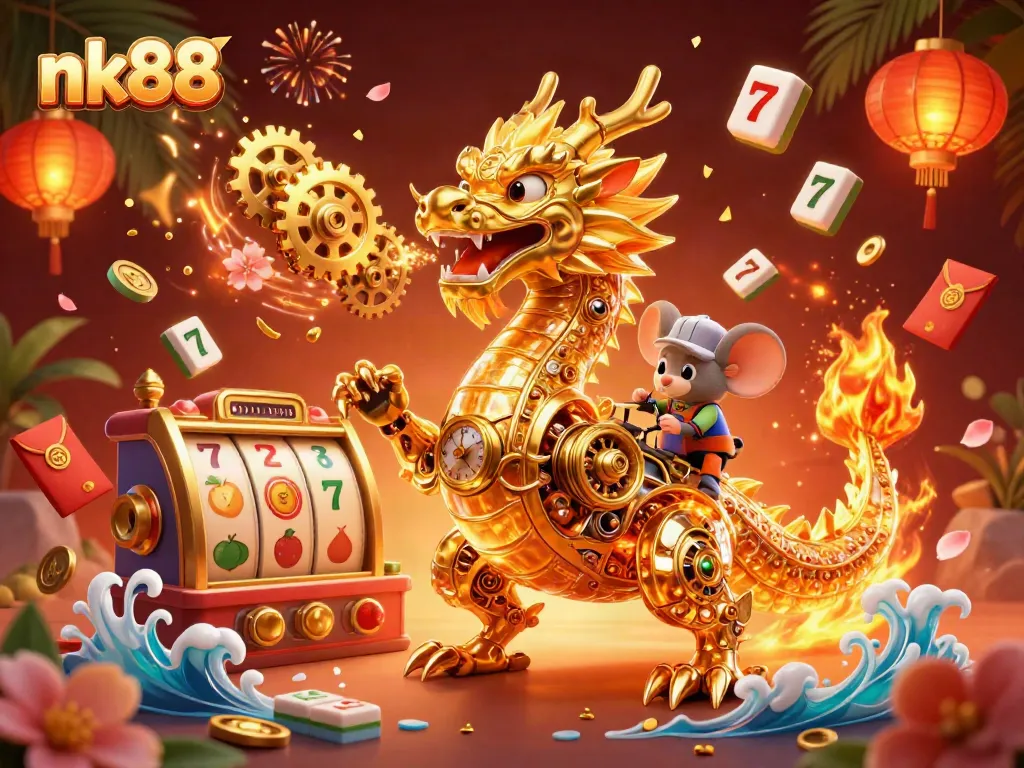 Experience nk88 slots with a golden dragon and spinning jackpot reels in a vibrant casino scene.