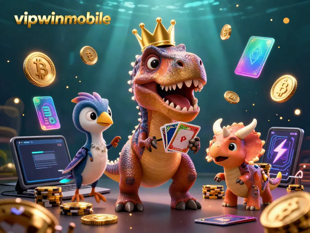 Engage with vipwinmobile's 3D casino universe featuring a T-Rex card dealer and vibrant crypto elements.