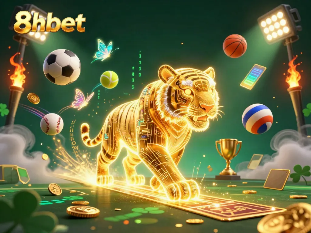 Engage with the 8xbet digital casino featuring vibrant sports dynamics and a majestic golden tiger.