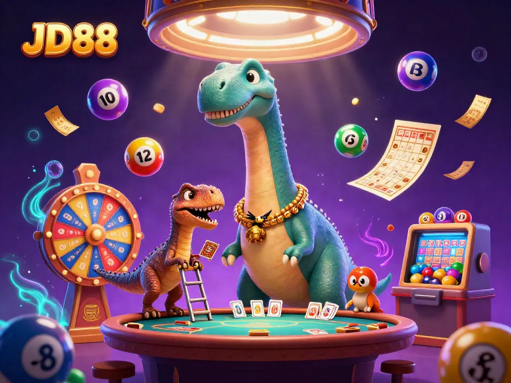Engage with JD88's vibrant 3D casino fantasy featuring a colossal brontosaurus and lively gambling elements.