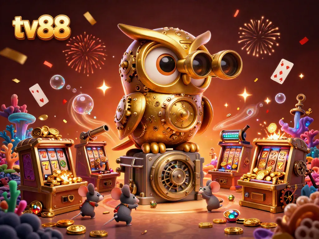 Engage in thrilling gameplay at tv88 with an illustration of a clockwork owl and lively mouse patrons in a dynamic casino setting.