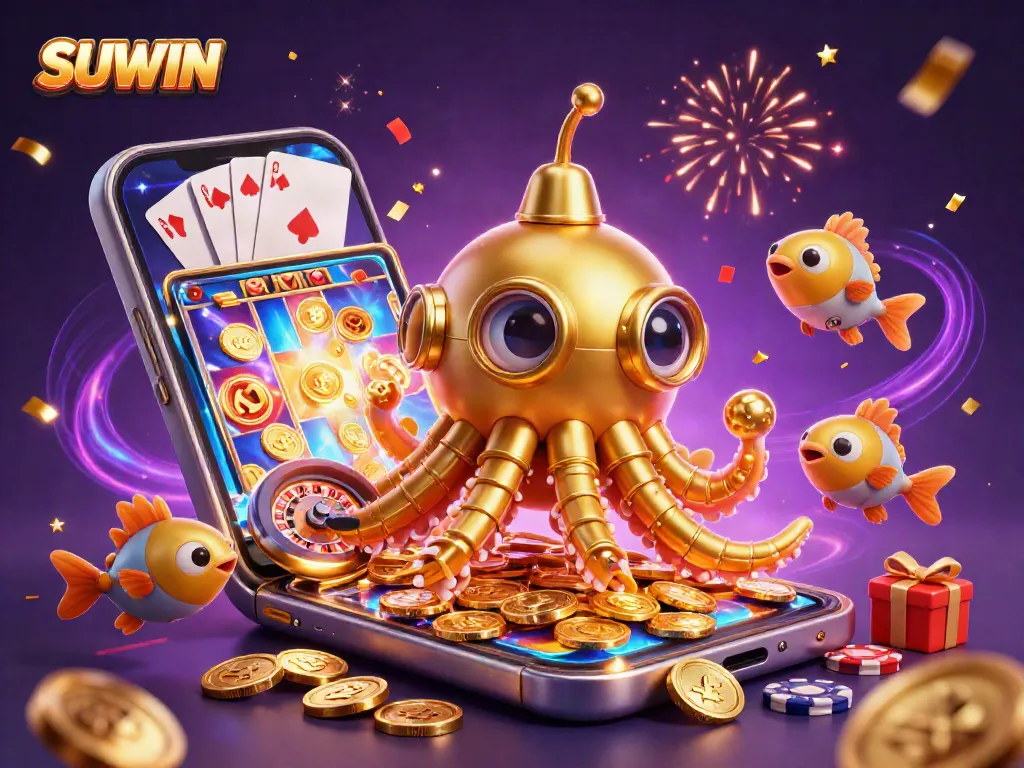 Suwin showcases an exciting casino scene with a golden kraken and dynamic slot game elements, promoting engaging gameplay.