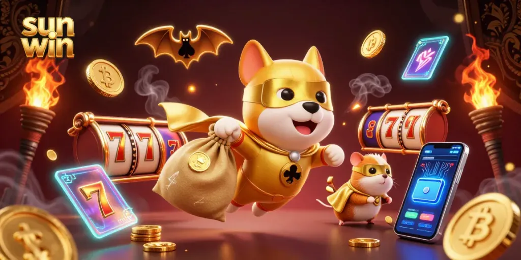 Engage in dynamic gaming with sun win's 3D cartoon characters in a vibrant casino scene.