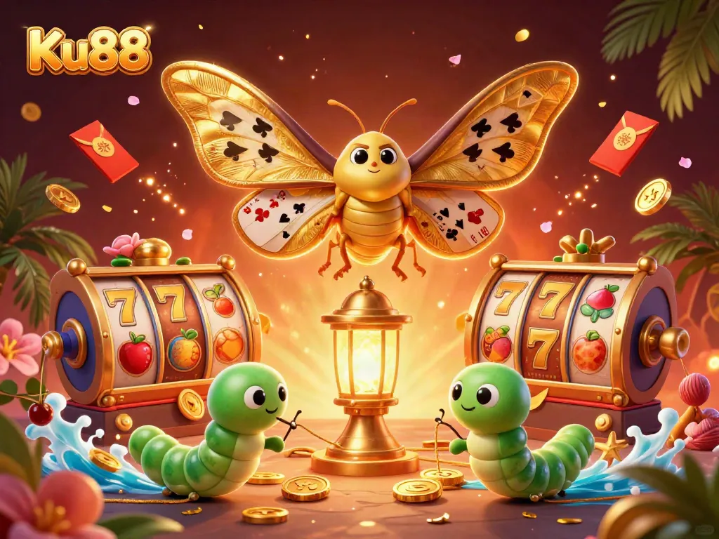 Engage with Ku88's vibrant slots, featuring a casino scene with colorful characters and game elements.