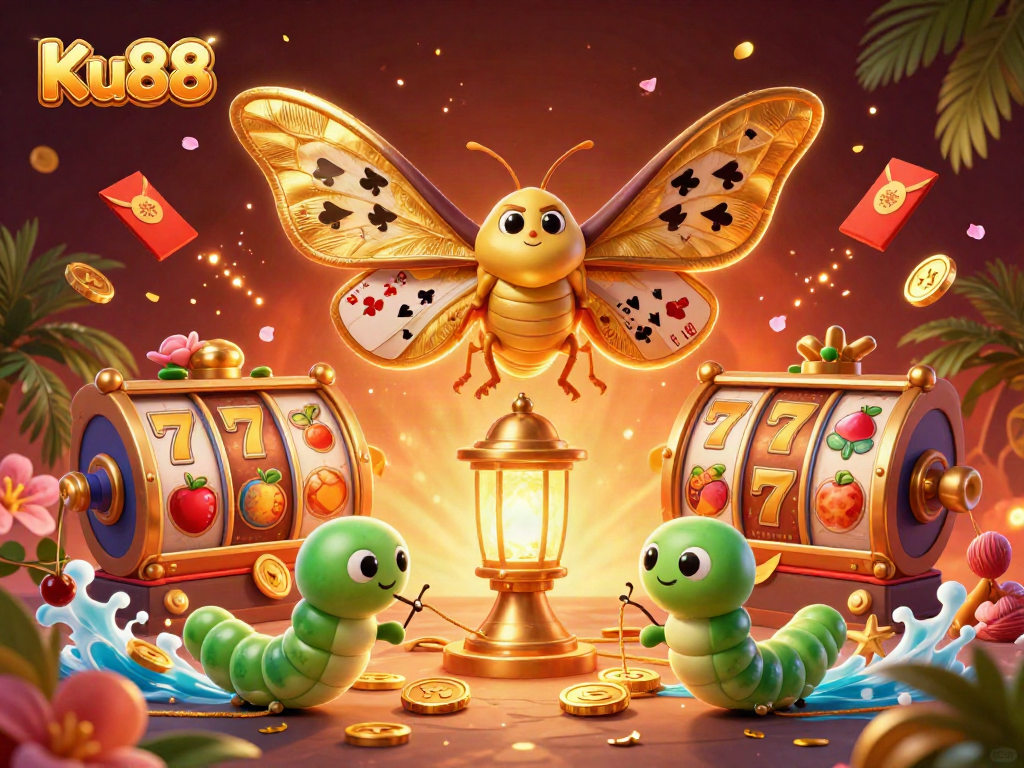 Engage with Ku88's vibrant slots, featuring a casino scene with colorful characters and game elements.