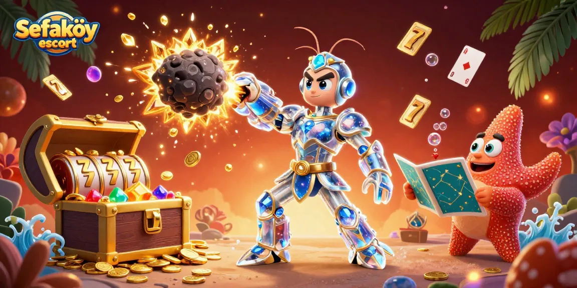 Sefaköy escort vibrant 3D digital art showcases a galactic samurai mantis shrimp amidst exploding gold coins and slot reels.