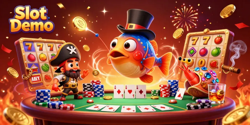 Experience the excitement of Slot Demo with 3D cartoon characters amidst vibrant casino elements.