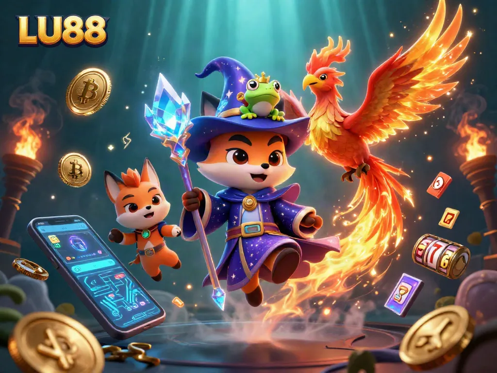 Experience excitement with LU88, a 3D casino illustration showcasing thrilling slot games and vibrant crypto elements.