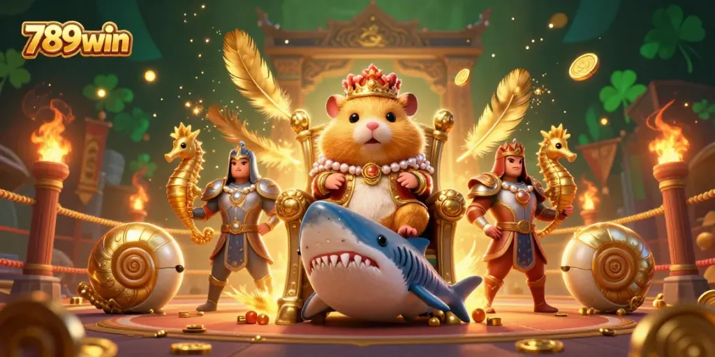 Experience excitement at 789win with a dynamic scene featuring the golden hamster king on his megalodon throne.