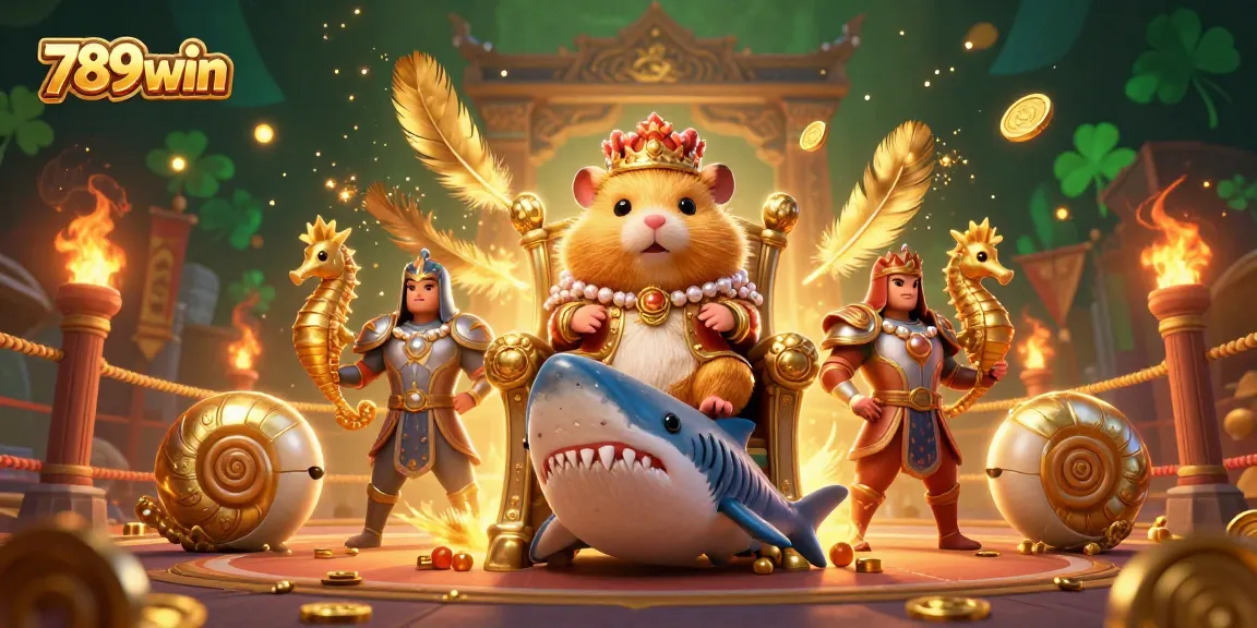 Experience excitement at 789win with a dynamic scene featuring the golden hamster king on his megalodon throne.