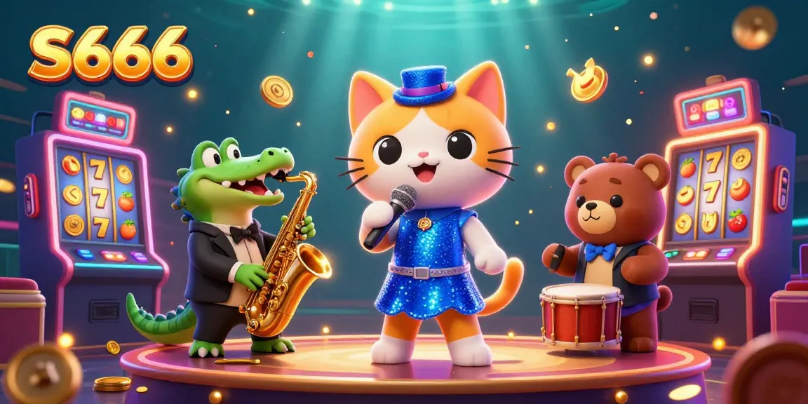 Experience the vibrant gaming world of S666 with a jazz-singer cat, saxophone-playing crocodile, and drum-playing bear.