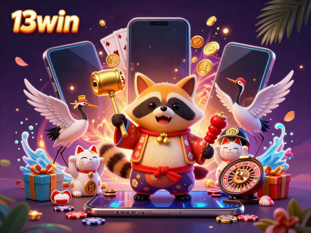 Play exciting games at 13win as a cheerful tanuki celebrates casino victories with fortune cats.