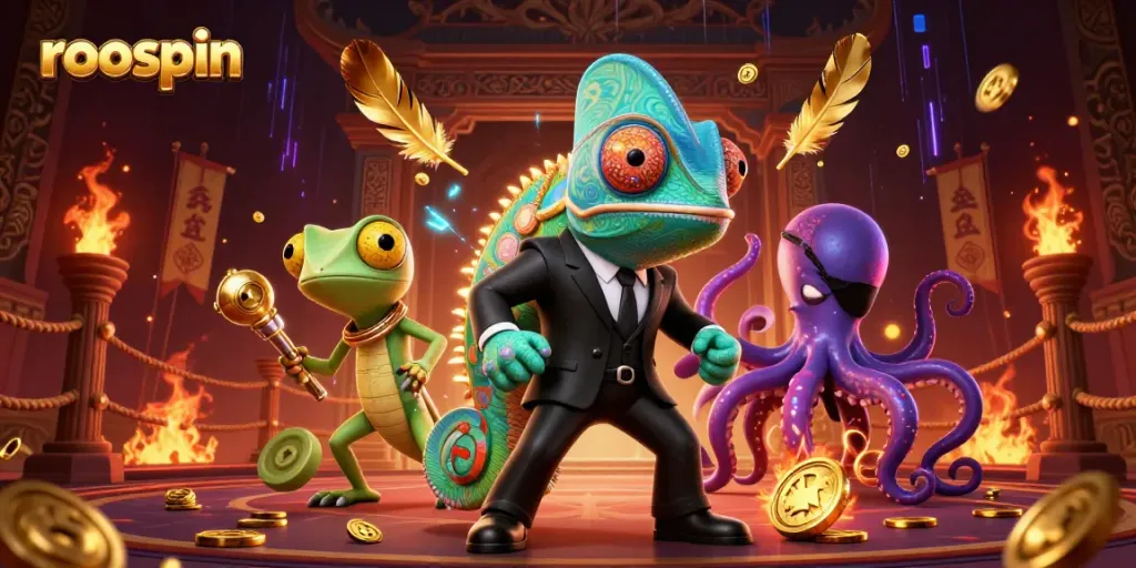 Experience thrilling gameplay at Roospin with dynamic characters and vibrant casino elements.