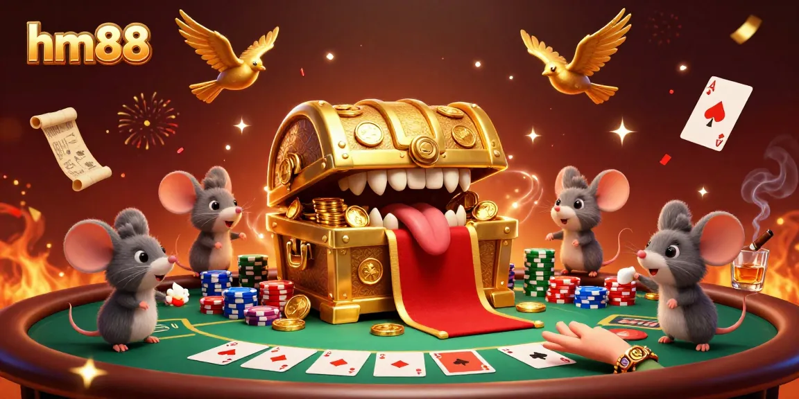 Experience the thrill of hm88 with a dynamic poker scene featuring adventurer mice, gold coins, and winning cards.