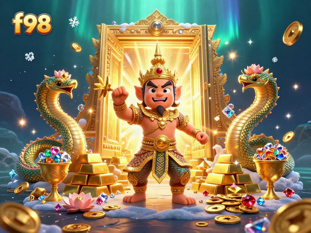Experience exciting gameplay at f98, featuring a vibrant scene of a friendly yaksha guardian amidst a treasure vault.