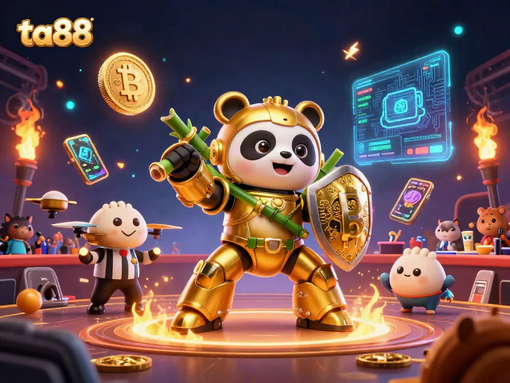 Experience exciting ta88 gaming action with a golden panda battling in a vibrant casino arena.