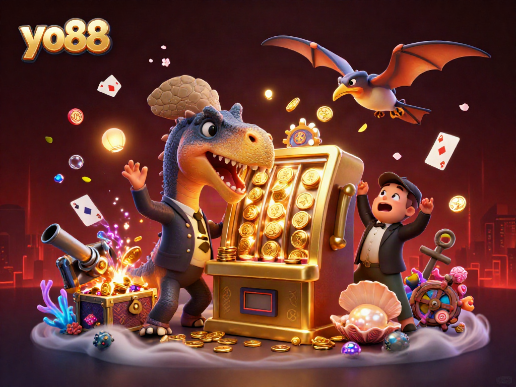yo88 slot machine pays out jackpot coins in dynamic 3D casino scene featuring dinosaur characters.