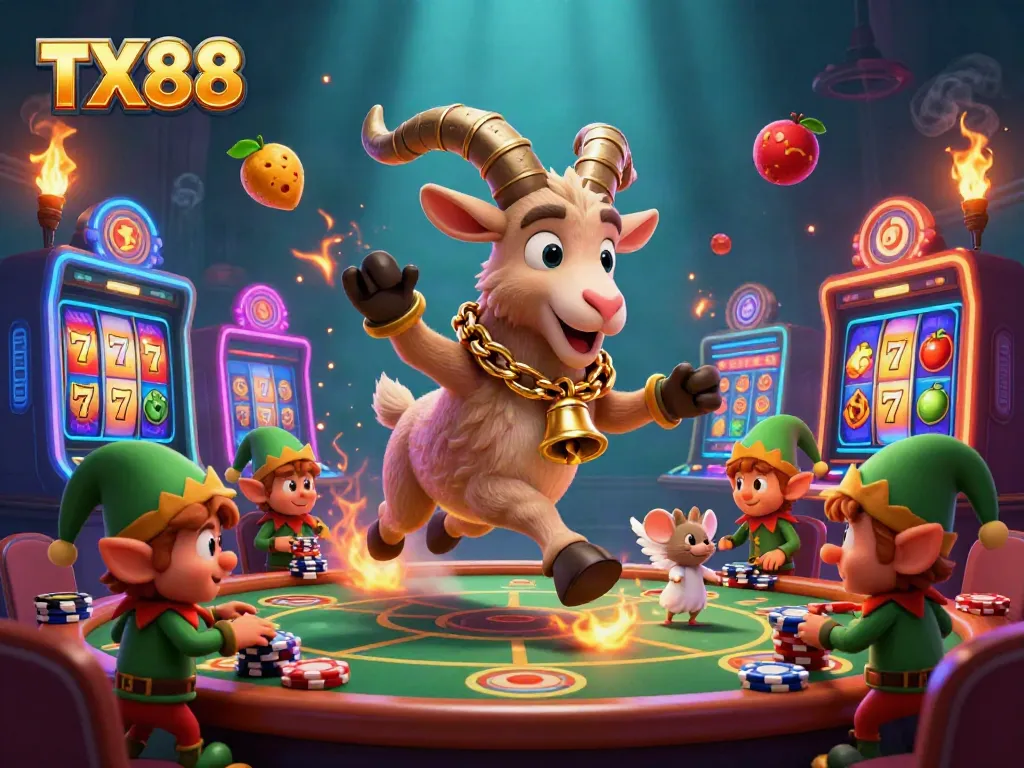 Engage with TX88 as Krampus hosts a lively casino game scene filled with vibrant slot reels and mischievous elf gremlins.