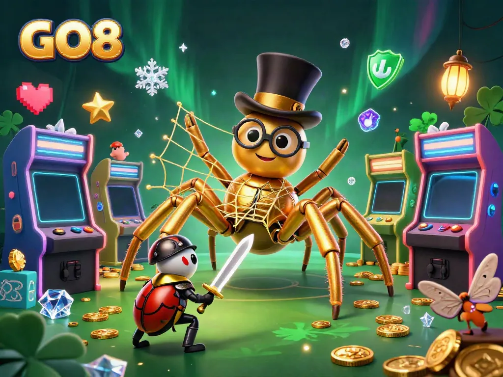 GO8’s vibrant casino scene with a golden tarantula, beetle knight, and arcade machines, full of action and excitement.