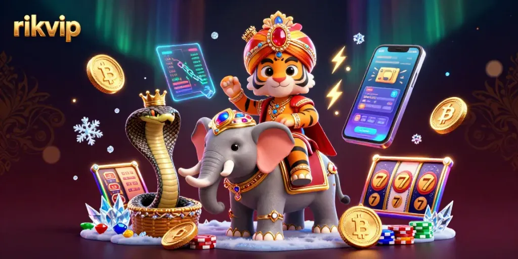 Engage in thrilling gaming with rikvip, featuring a vibrant 3D casino scene of excitement and rewards.