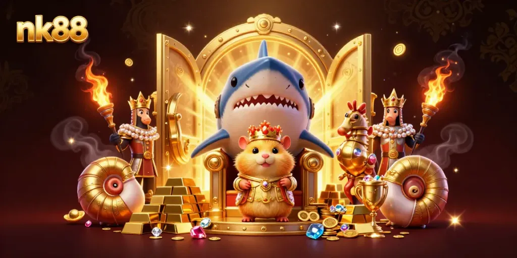 Experience thrilling adventures with nk88, featuring a golden hamster king and exquisite treasures in a vibrant casino world.