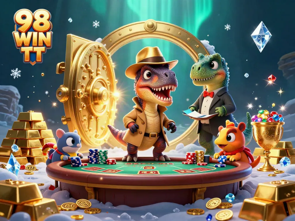 Experience the thrill of 98 WIN TT with a cartoon velociraptor card counter in a vibrant casino setting.