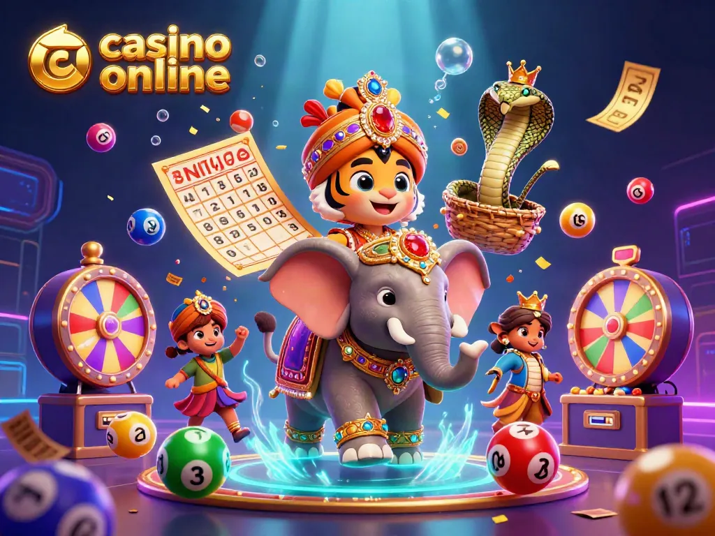 Experience casino online excitement with a vibrant scene featuring a maharaja tiger, elephant, and cobra.