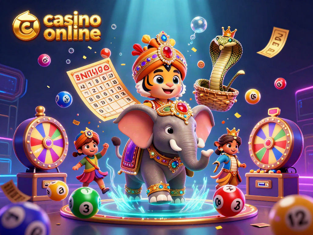 Experience casino online excitement with a vibrant scene featuring a maharaja tiger, elephant, and cobra.