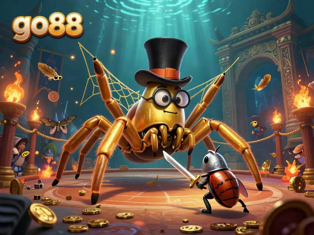 Engage in thrilling gaming adventures at go 88 while witnessing a golden tarantula and beetle knight in a casino setting.