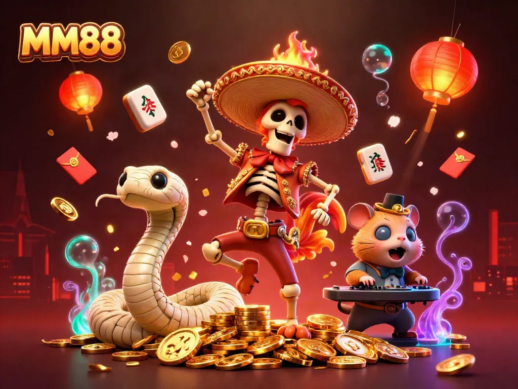 Experience the vibrant MM88 casino atmosphere with a celebratory mariachi rooster dancing on gold coins.