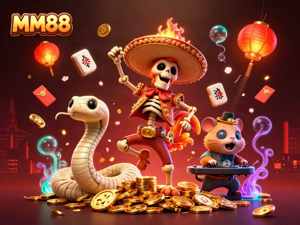 Experience the vibrant MM88 casino atmosphere with a celebratory mariachi rooster dancing on gold coins.