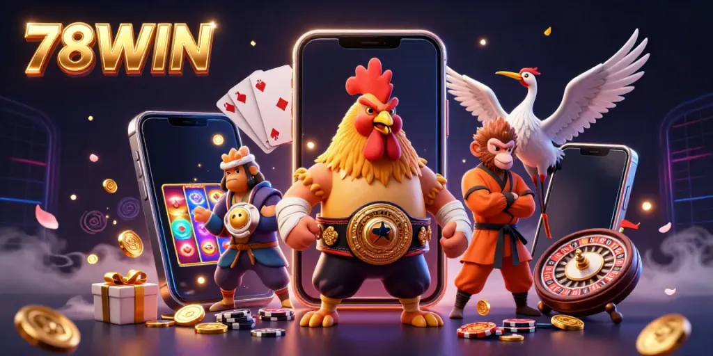 Experience thrilling gaming adventures with 78WIN featuring vibrant characters and dynamic casino elements.