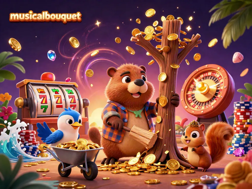 Experience musicalbouquet as a casino adventure with a beaver, bird, and squirrel amid gold coins.